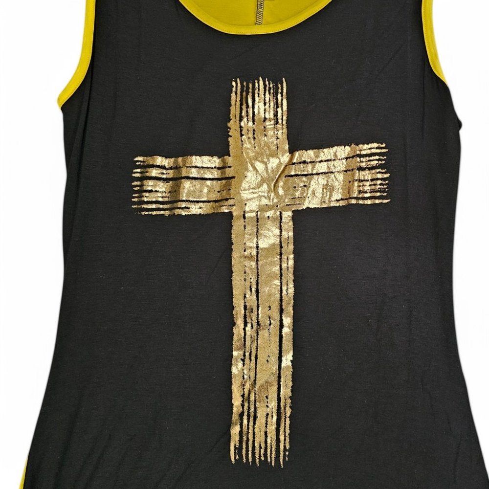 Women's Edgy High-Low Tank Dress – Black & Yellow Gold Cross Graphic - Picture 2 of 2